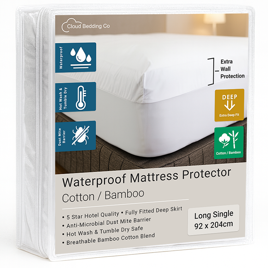 Long Single Size - Waterproof mattress protector packaging with product details on a white background - Cloud Bedding Co